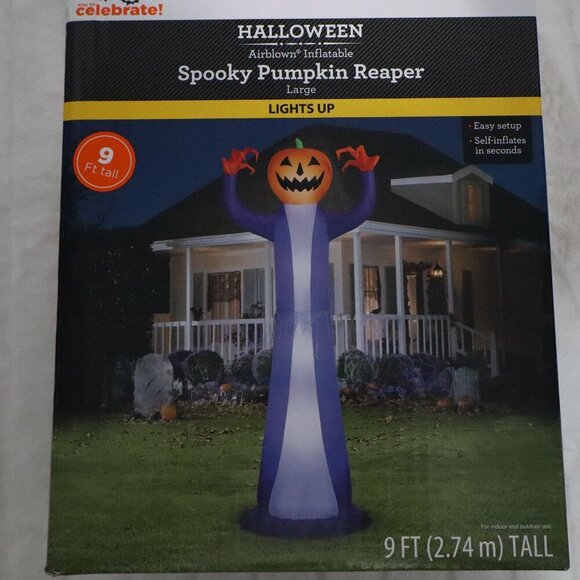 Halloween Airblown Inflatable Spooky Pumpkin Reaper- Lights Up- 9ft